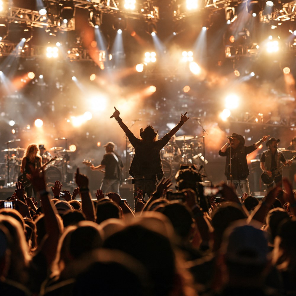 A singer in silhouette with both arms raised on a stage lit by warm spotlights, the band behind him and a crowd with hands in the air in front