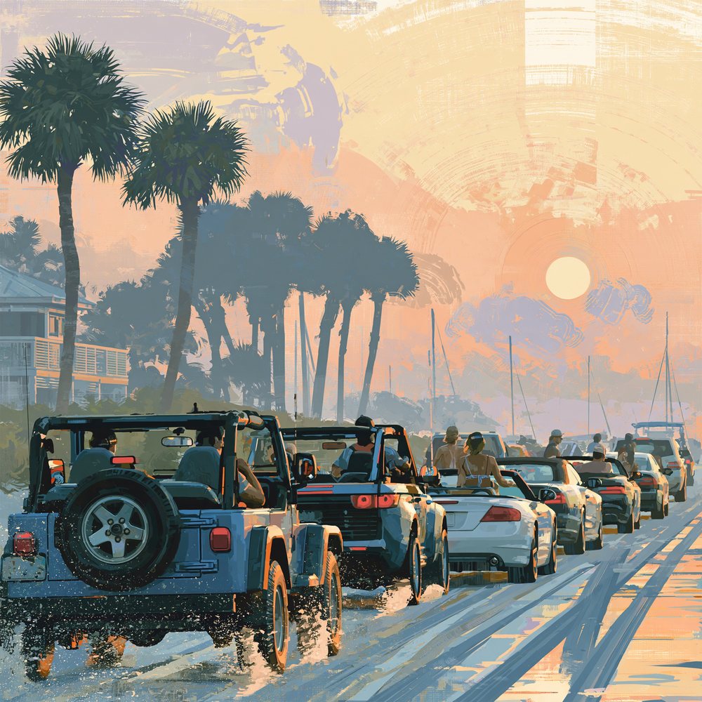 A line of Jeeps and convertibles backed up on a Gulf Coast road at sunset, palms and sailboat masts behind them