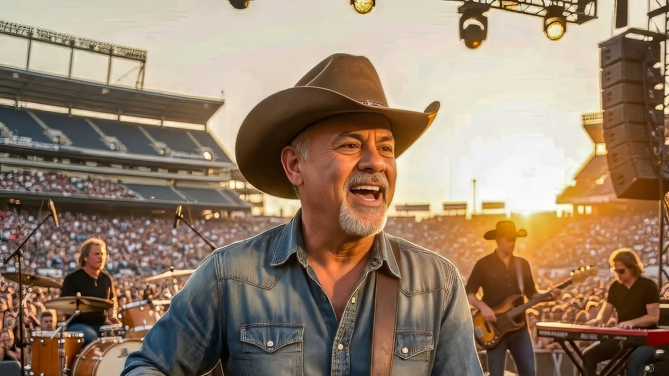The DAG Band playing a stadium at sunset, full band behind the frontman