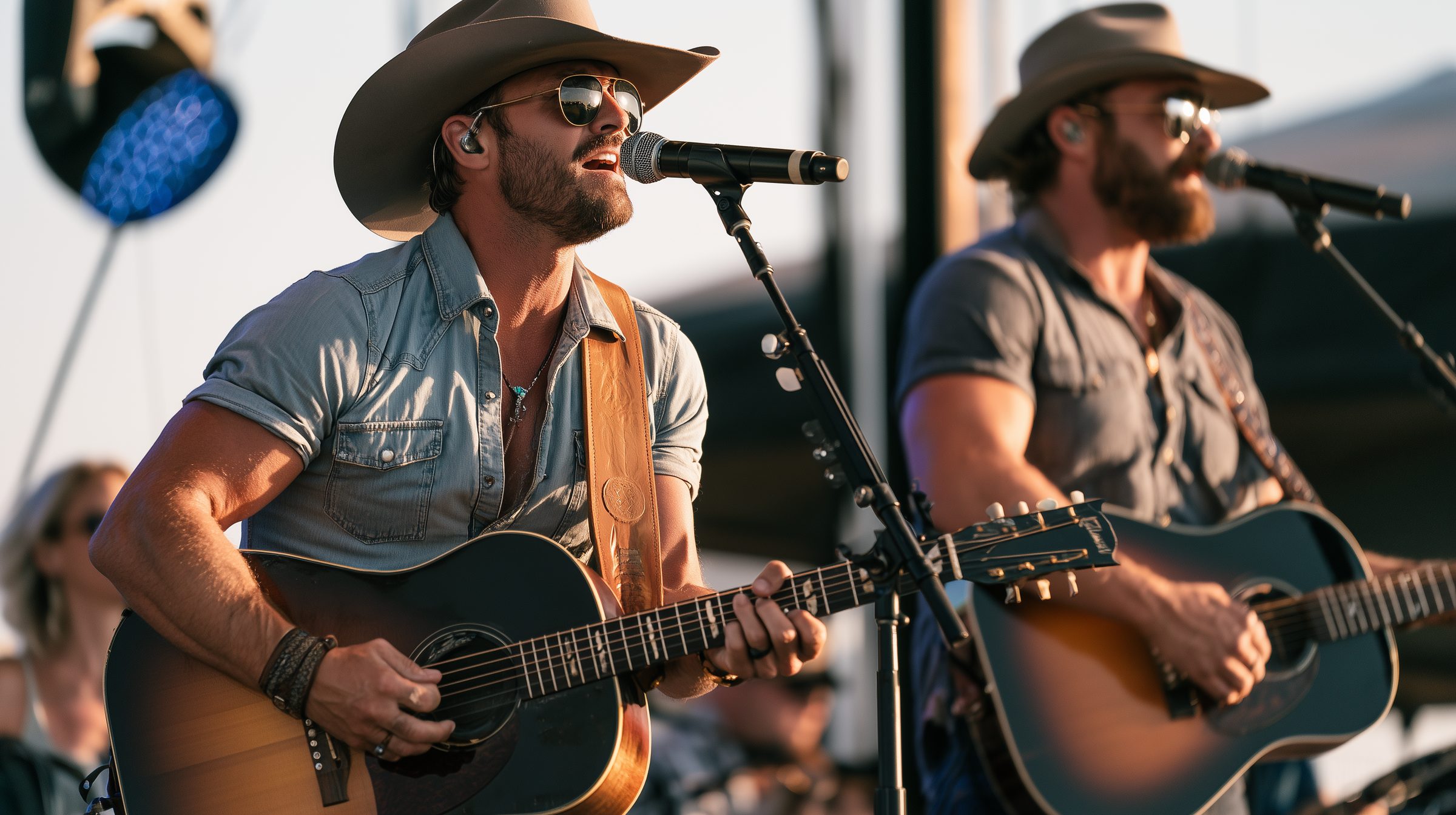 The DAG Band performing at golden hour, two lead singers with guitars